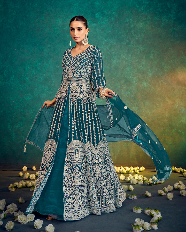 Regal Teal Embroidered Indowestern