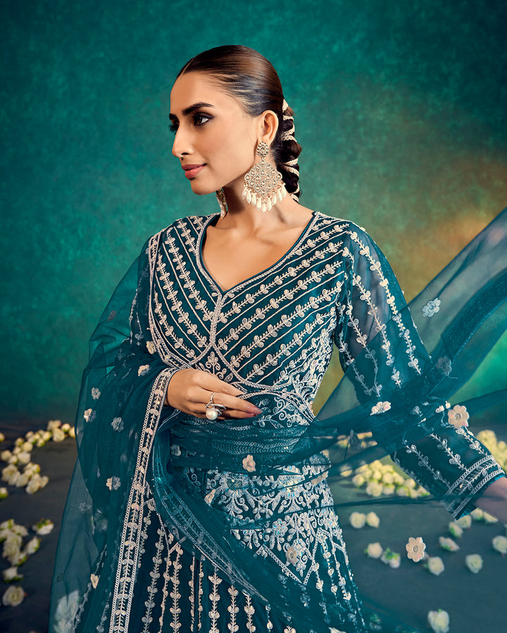 Regal Teal Embroidered Indowestern
