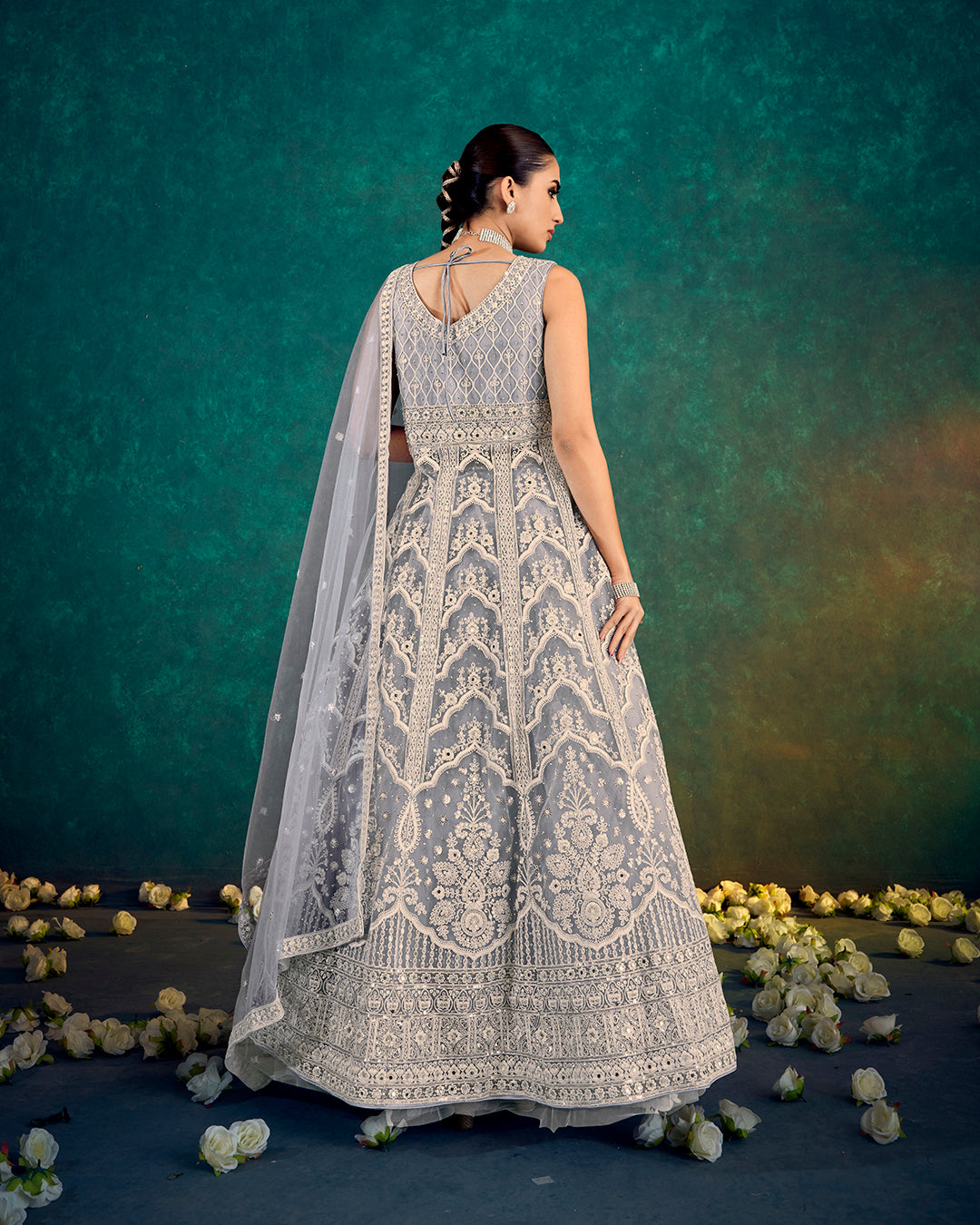 Elegant Silver Grey Embroidered Indo Western