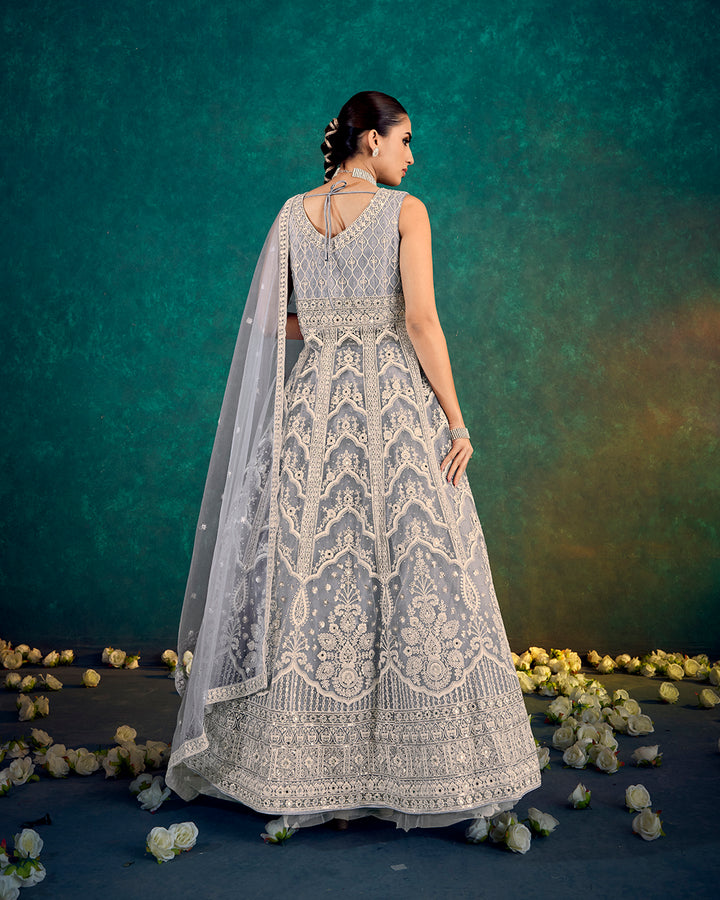 Elegant Silver Grey Embroidered Indo Western