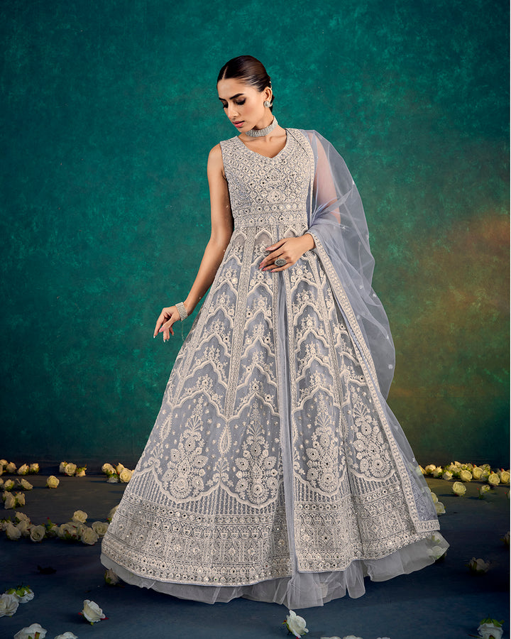 Elegant Silver Grey Embroidered Indo Western