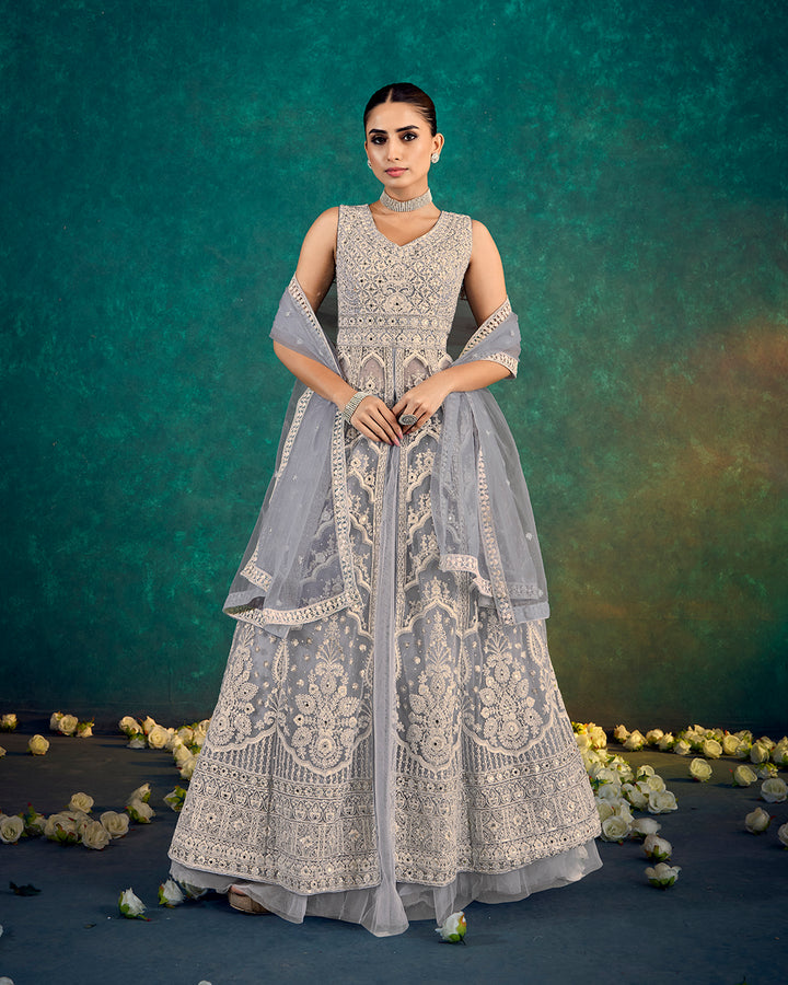 Elegant Silver Grey Embroidered Indo Western
