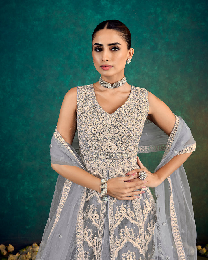 Elegant Silver Grey Embroidered Indo Western